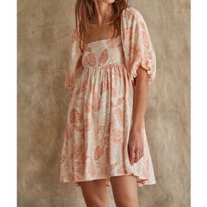 By Together Cream and Peach Leaf-Print Babydoll Dress